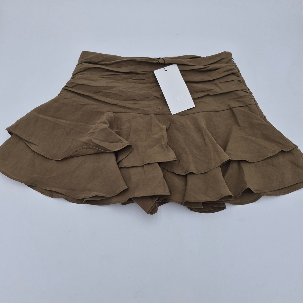 Zara Ruffled Tiered Skort Khaki Brown Mini Shorts Skirt 4661/504/505 Small NWT